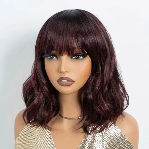 NOBLE wavy curly bob wig with bangs in wine red