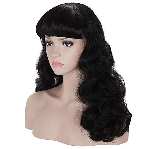 Black vintage wavy wig with 50s bangs