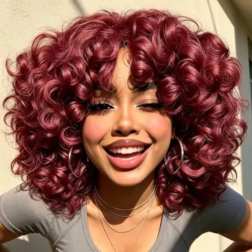 AIDUSA short loose curly red afro wig with bangs shown on a mannequin head
