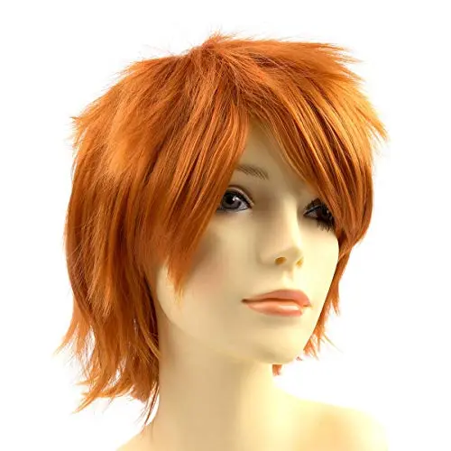 Bright orange short layered anime wig with bangs