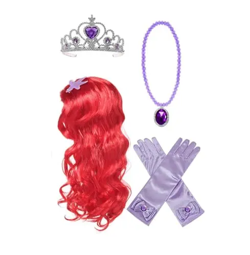 Yosbabe Ariel mermaid braid wig set with tiara necklace gloves for kids