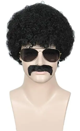 Linfairy short black curly wig with fake beard accessory