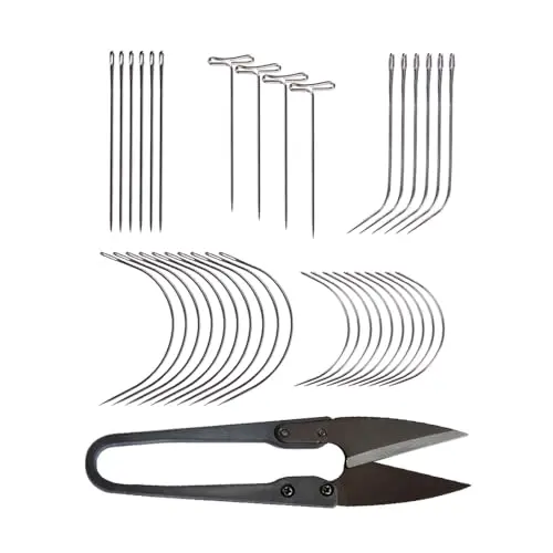 Assorted wig making pins and curved needles in various sizes