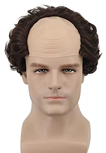 Short brown receding hairline old man costume wig on a head form
