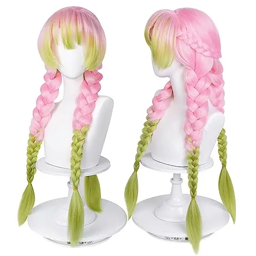 Pink and green braided pigtail wig for Mitsuri cosplay