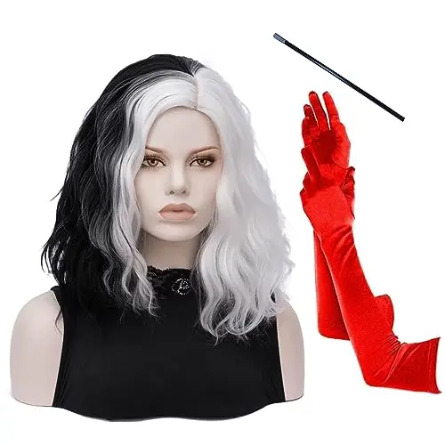 Black and white curly wig with red gloves and holder