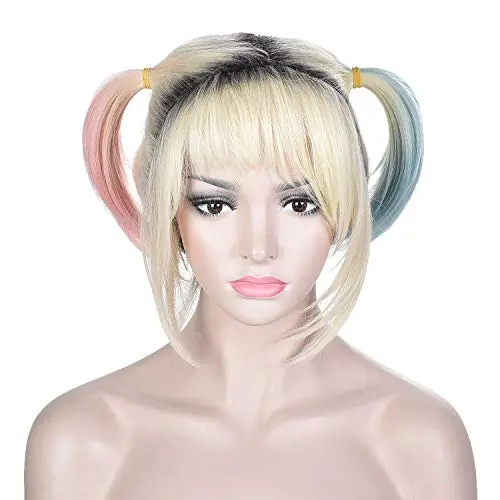 Short blonde cosplay wig with pink and mint green pigtails