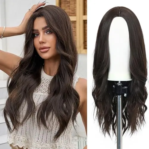 Esmee 24-inch wavy black brown wig on a mannequin head