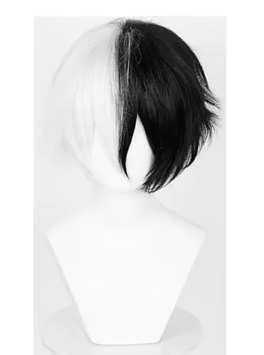 Short black and white anime cosplay wig with bangs and included cap