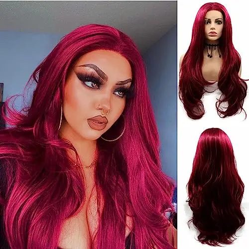 SERENEWIG 24 inch dark red wavy lace front wig