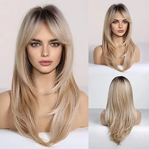 Shoulder-length curly blonde wig with black roots and bangs