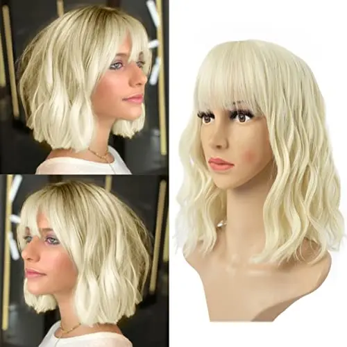 Leeven 12 inch wavy blonde bob wig with bangs on a mannequin head