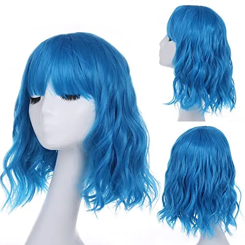 Leeven 12-inch azure blue curly bob wig with bangs