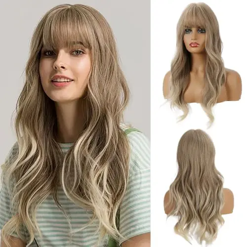 Ash blonde synthetic wig with wavy texture and soft bangs