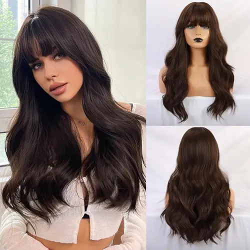 Esmee 24-inch brown natural wave wig with neat bangs