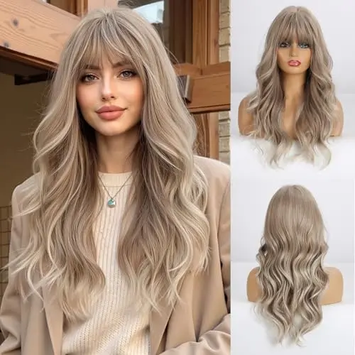 Esmee Blonde Ash Gray Long Wigs Heat Resistant Synthetic Cosplay Wavy Wigs with Bangs product image