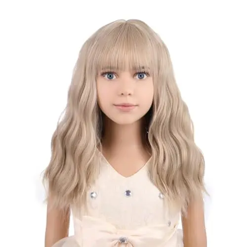 Short flaxen blonde wavy wig with bangs on a mannequin head