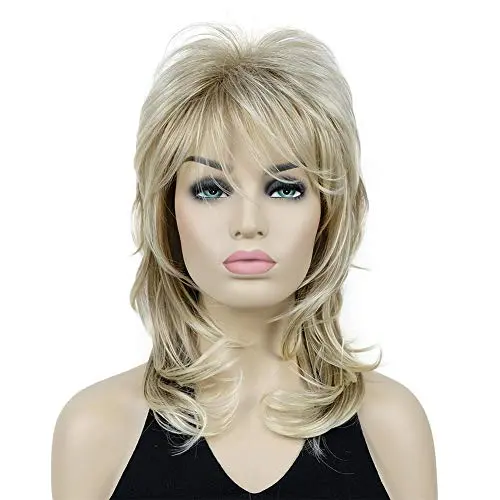 Long shaggy layered blonde wig with natural sheen and tousled texture on a model