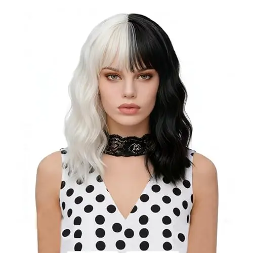 Short curly shoulder length black and white wig with full bangs