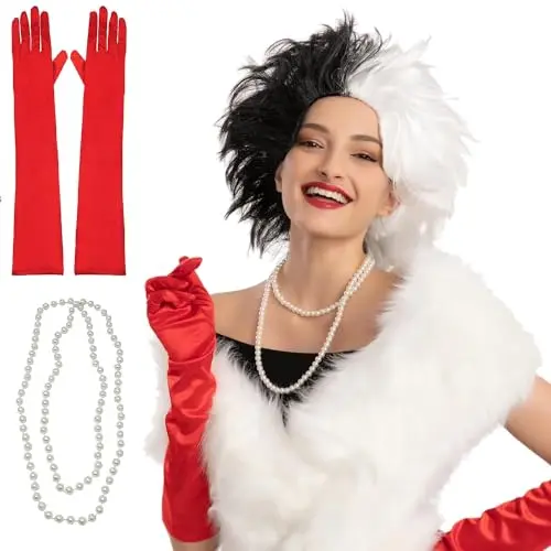 Black and white short bob wig with red gloves, pearl necklace, and holder