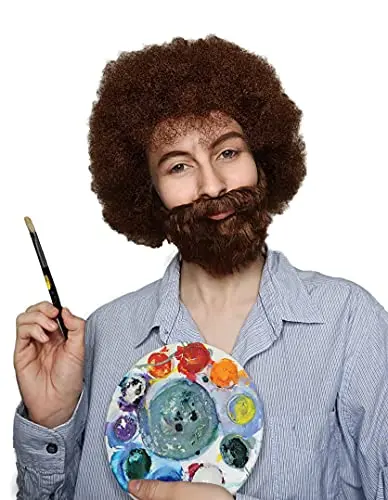 Curly brown wig and beard set for Bob Ross costume