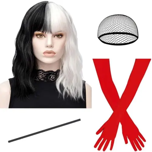 TANTAKO half black half white curly wig set with red gloves and holder