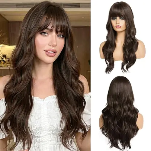 OUFEI long wavy dark brown synthetic wig with bangs for women
