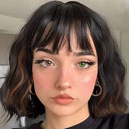Leeven 12 Inch Wavy Bob Wig with Bangs in Black Mixed Brown