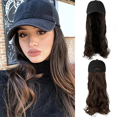 Qlenkay baseball cap wig with wavy curly bob hair attached