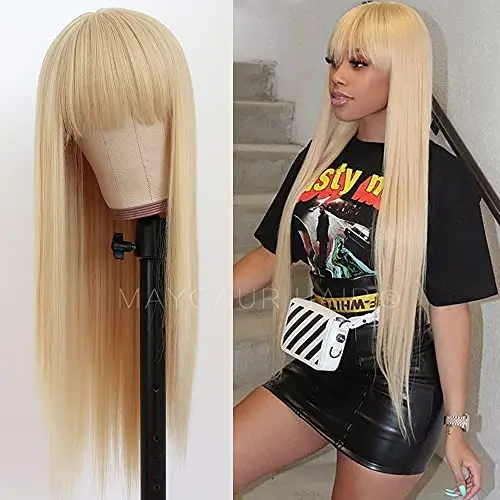 Maycaur 613 blonde long straight wig with full bangs