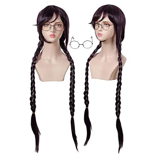 Dark purple long braided cosplay wig with included glasses on mannequin
