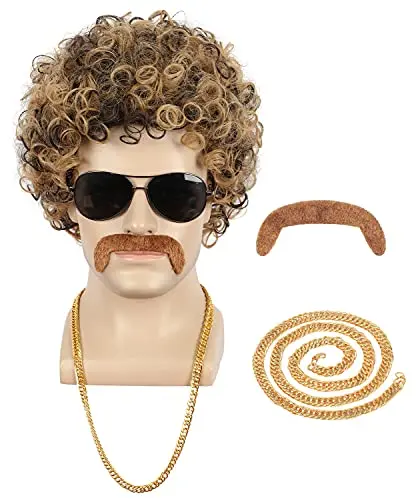 yuehong short curly mens 70s afro disco wig with mustache necklace product image