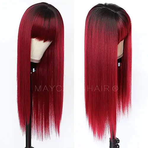 Black and red ombre long straight wig with full bangs