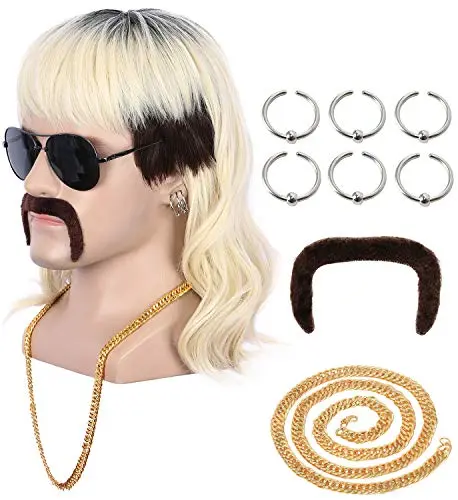Yuehong long black roots blonde mullet wig with moustache, earrings, and necklace