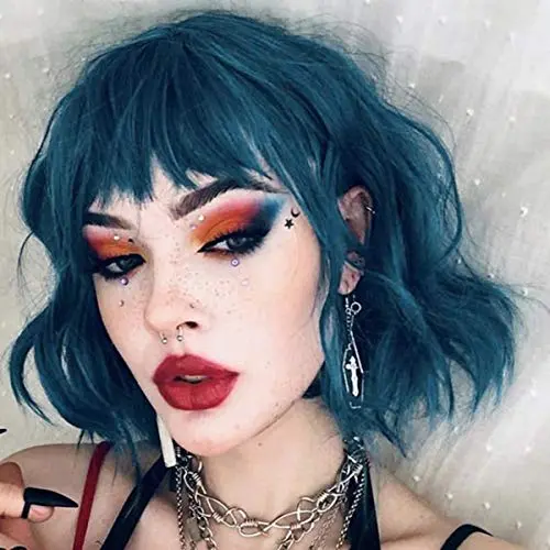 Blackish blue short wavy bob wig with bangs
