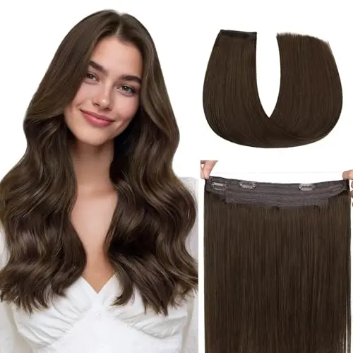 hotbanana Halo Hair Extensions Real Human Hair Straight Chocolate Brown 14 inch