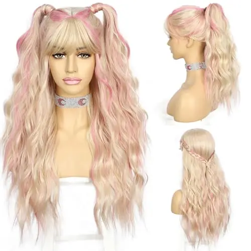 Sapphirewigs long loose wavy blonde wig with bangs and pink highlights
