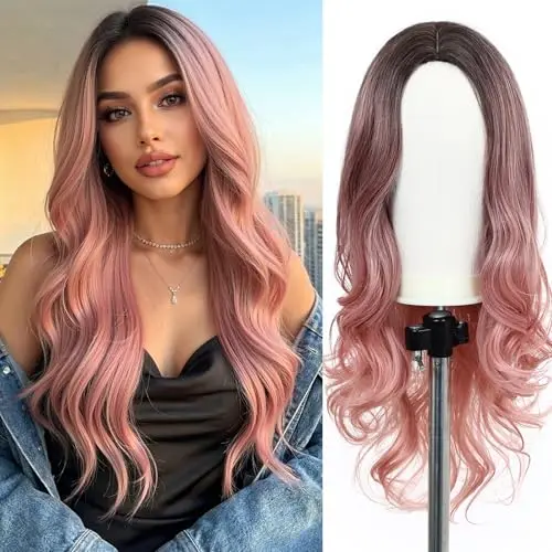 Esmee 24-inch wavy ombre pink wig on a mannequin head