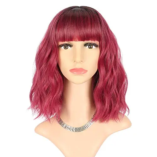 FAELBATY short wave bob wig with bangs in ombre black dark red