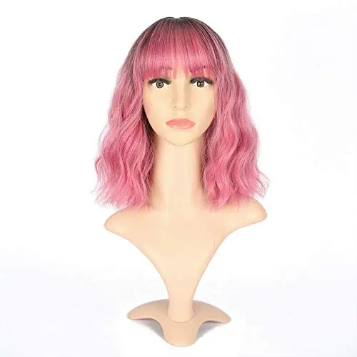VCKOVCKO Black to Pink Purple Ombre Wavy Bob Wig with Air Bangs