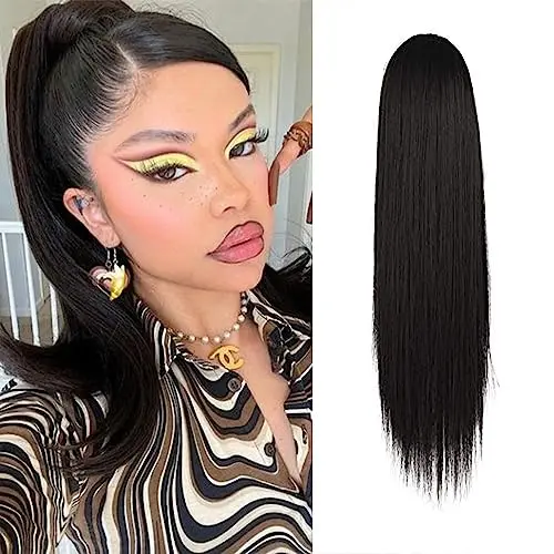 BARSDAR drawstring clip-in short straight black ponytail extension on natural hair