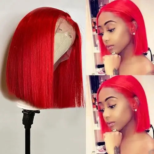 Smartinnov red bob wigs human hair HD transparent lace silky straight 16 inch women 180 density