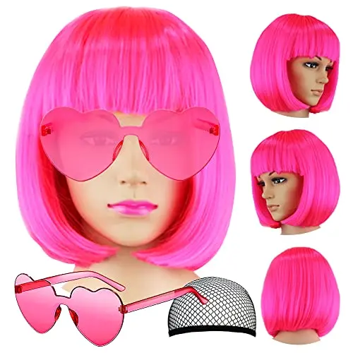 LIULIUBTY short bob bright pink wig with flat bangs and heart-shaped sunglasses