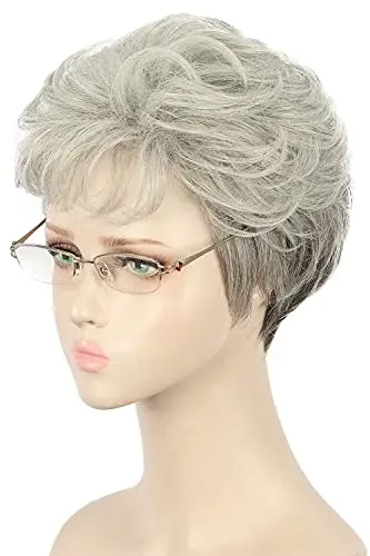 yuehong short curly silver gray old lady adult grandma cosplay wig with wig cap