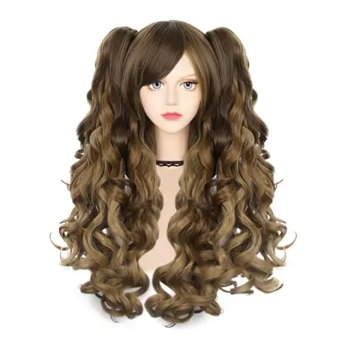 Ombre brown wavy pigtail cosplay wig with long twin tails