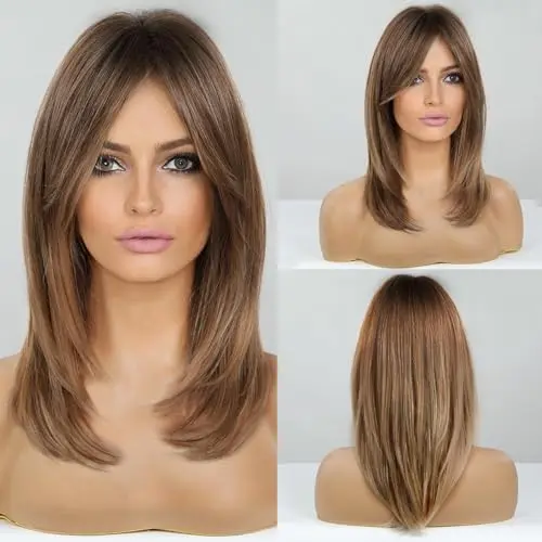 HAIRCUBE long layered brown to blonde wig with dark roots and bangs