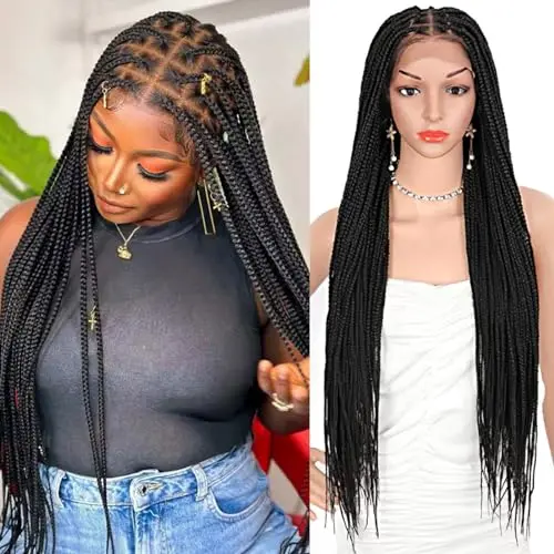 Long black knotless box braid lace front wig with baby hair on mannequin