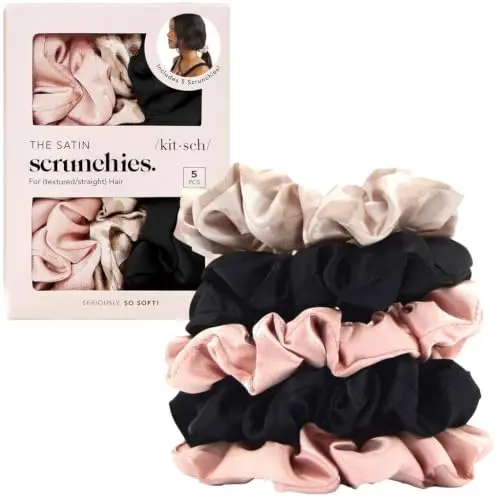 Kitsch satin scrunchies in blush, black, and leopard print
