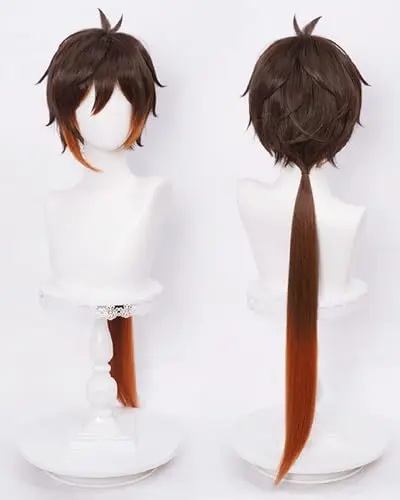 Brown cosplay wig with ponytail styled for Zhongli character