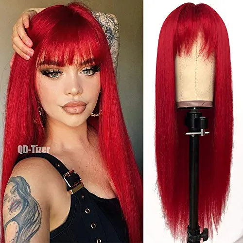 QD-Tizer long silky straight red wig with bangs